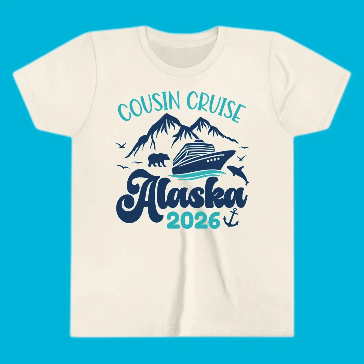 A design for a cousin cruise to Alaska in 2026, featuring a cruise ship, mountains, a bear, dolphin, and anchor.