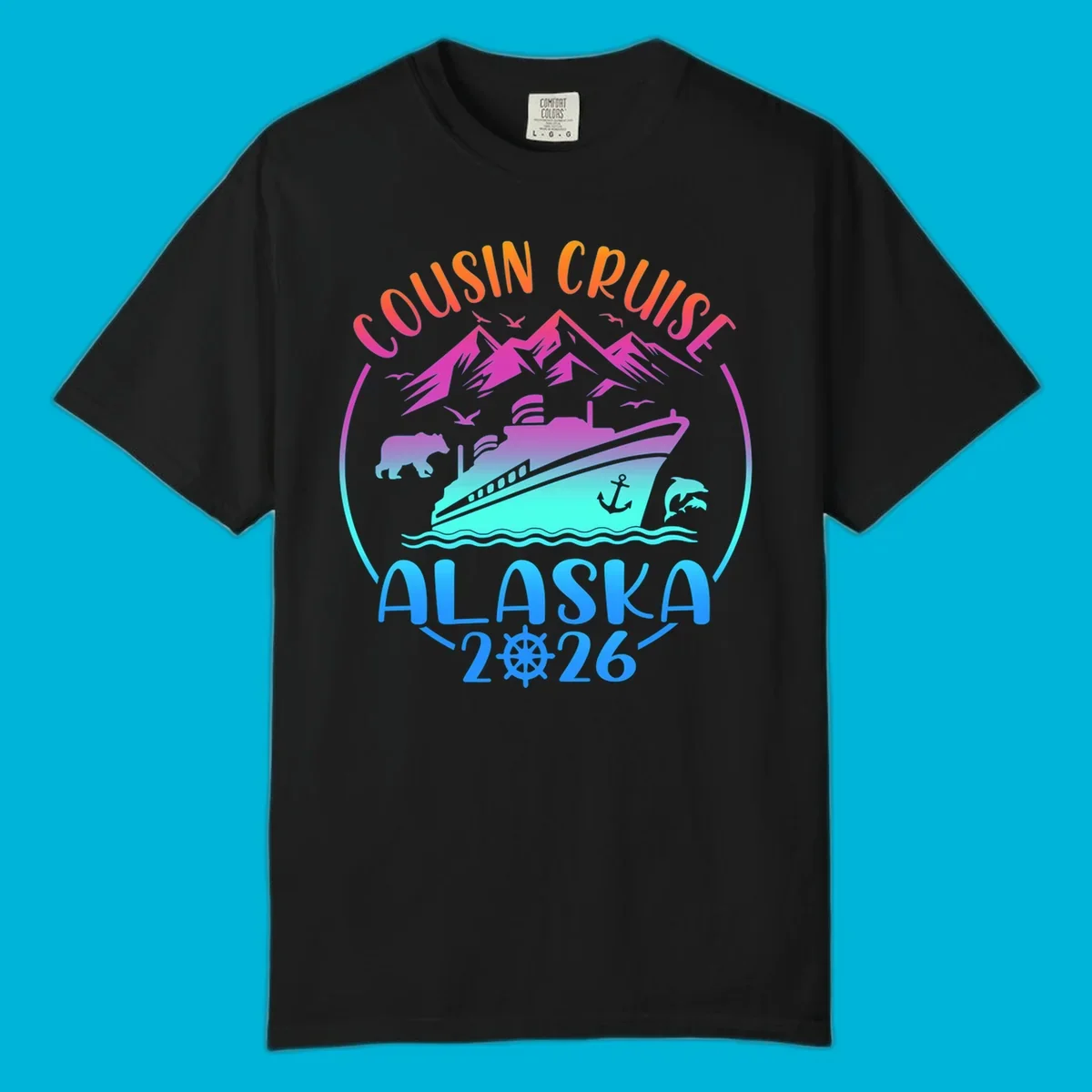A vibrant gradient illustration for a cousin cruise to Alaska in 2026, featuring a ship, mountains, bear, and dolphins.