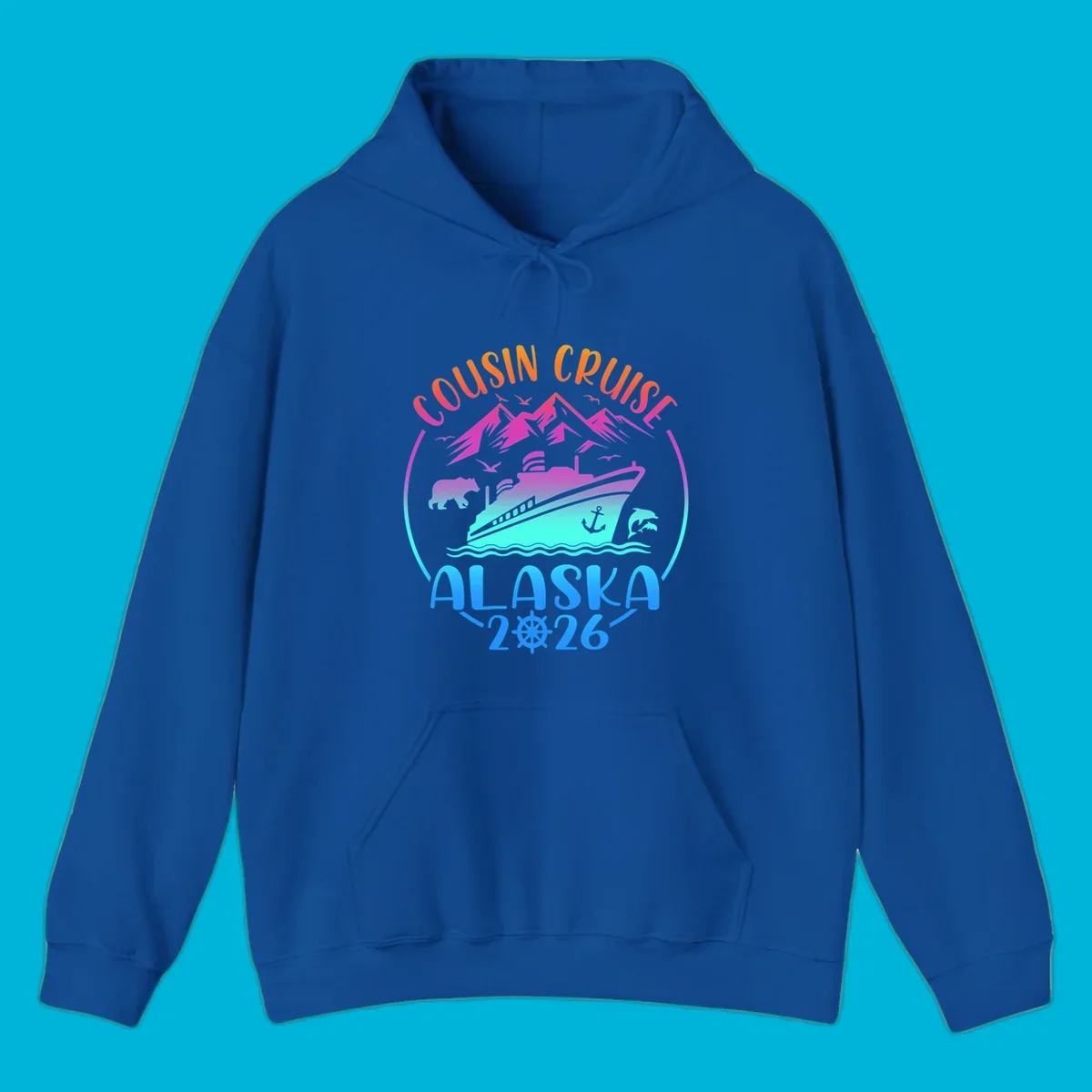A vibrant gradient illustration for a cousin cruise to Alaska in 2026, featuring a ship, mountains, bear, and dolphins.