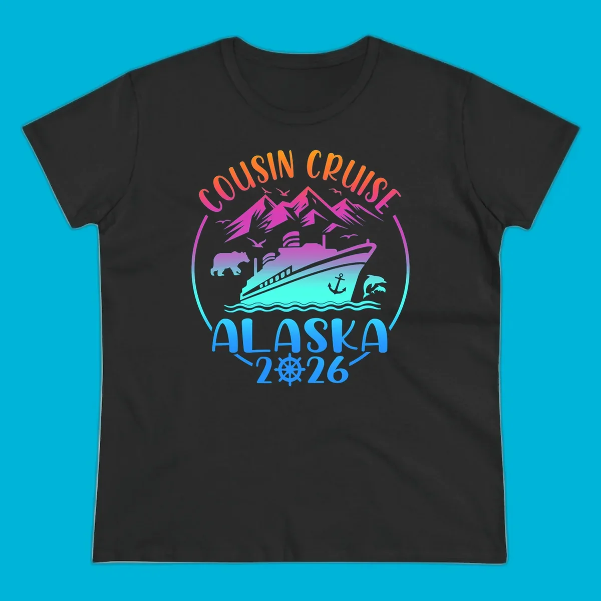 A vibrant gradient illustration for a cousin cruise to Alaska in 2026, featuring a ship, mountains, bear, and dolphins.
