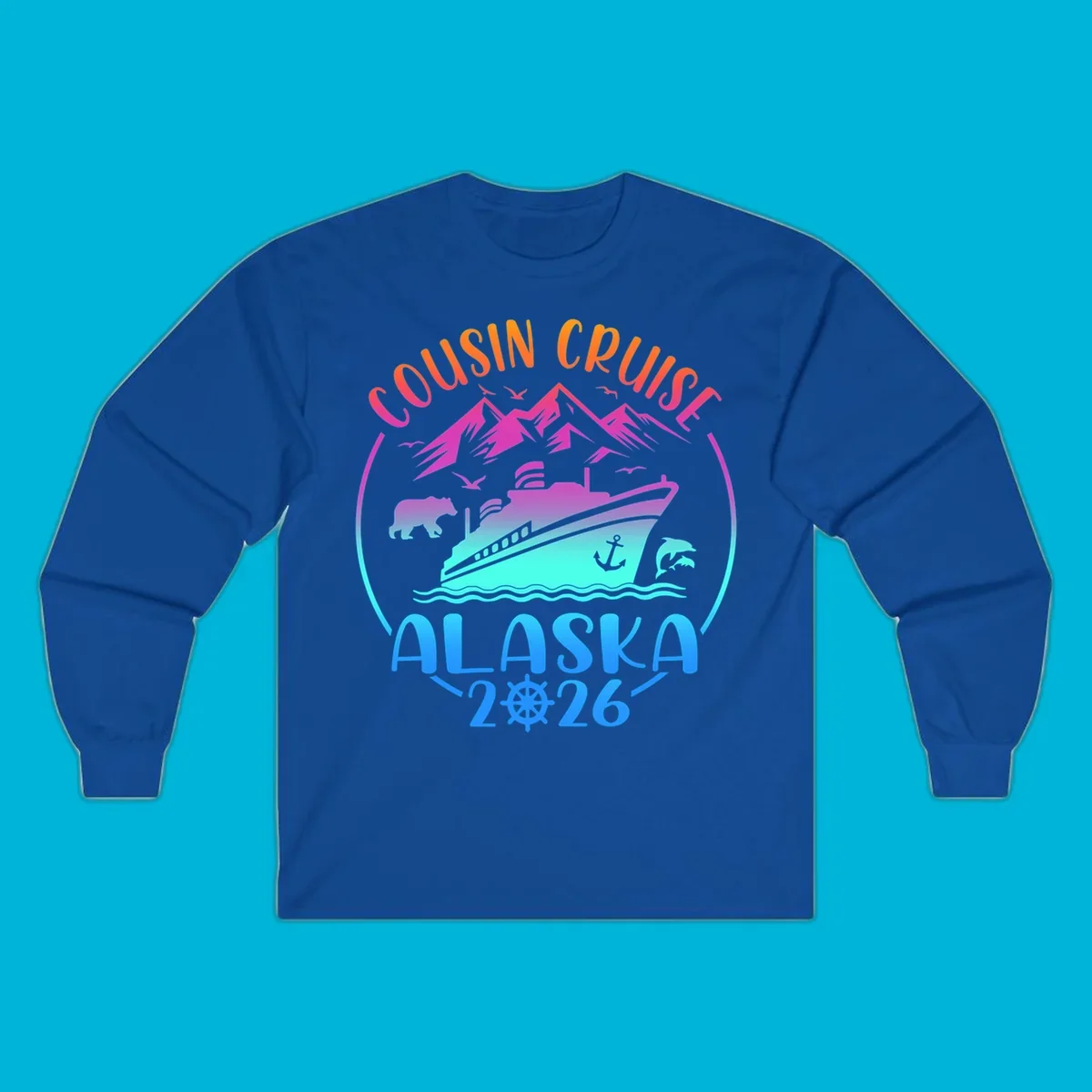 A vibrant gradient illustration for a cousin cruise to Alaska in 2026, featuring a ship, mountains, bear, and dolphins.