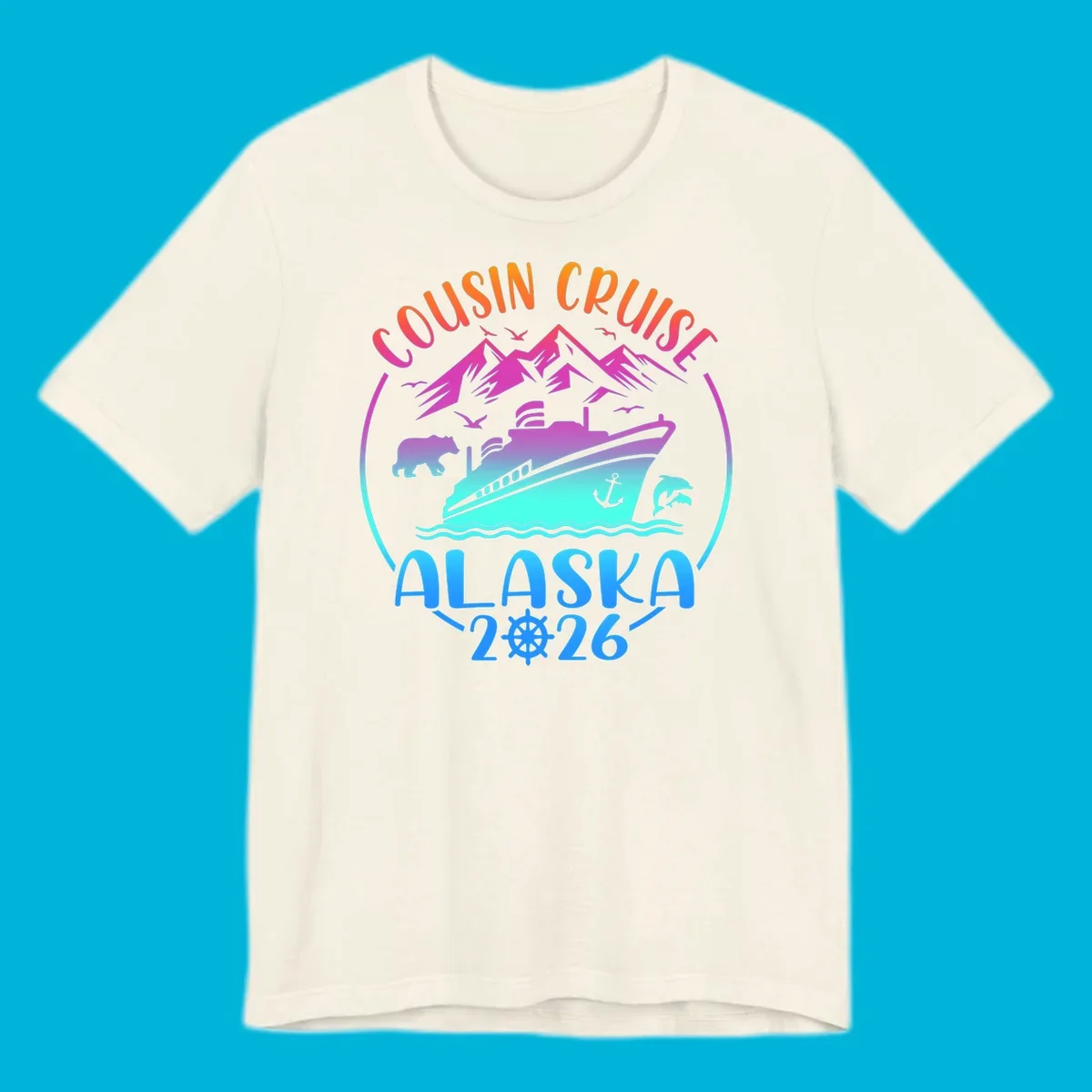A vibrant gradient illustration for a cousin cruise to Alaska in 2026, featuring a ship, mountains, bear, and dolphins.