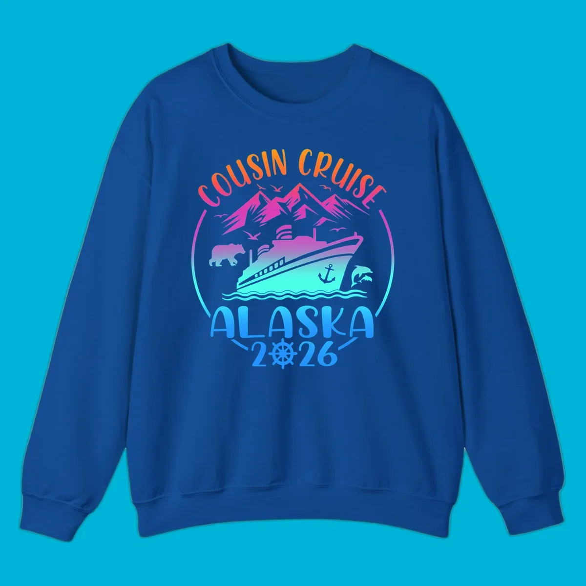 A vibrant gradient illustration for a cousin cruise to Alaska in 2026, featuring a ship, mountains, bear, and dolphins.