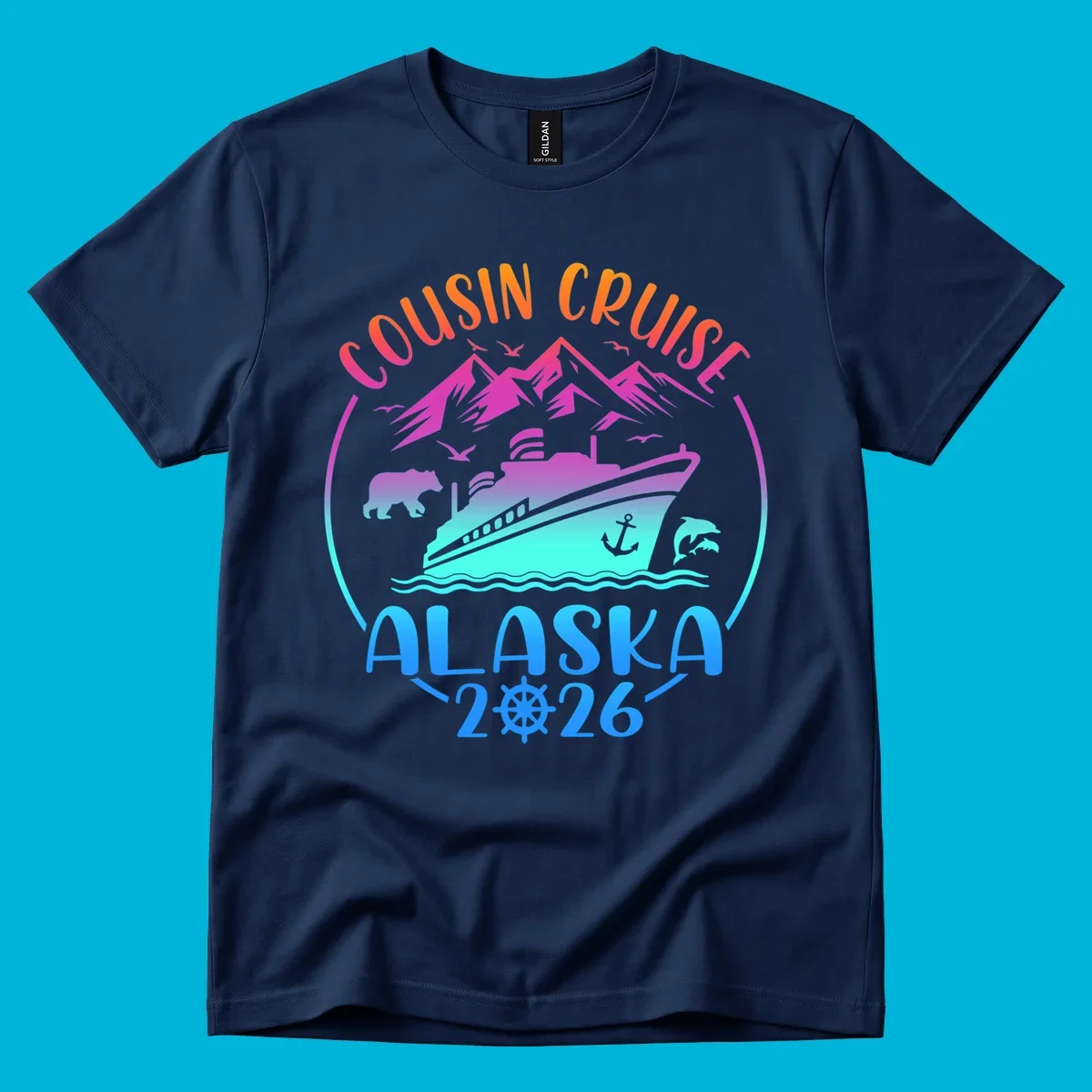 A vibrant gradient illustration for a cousin cruise to Alaska in 2026, featuring a ship, mountains, bear, and dolphins.