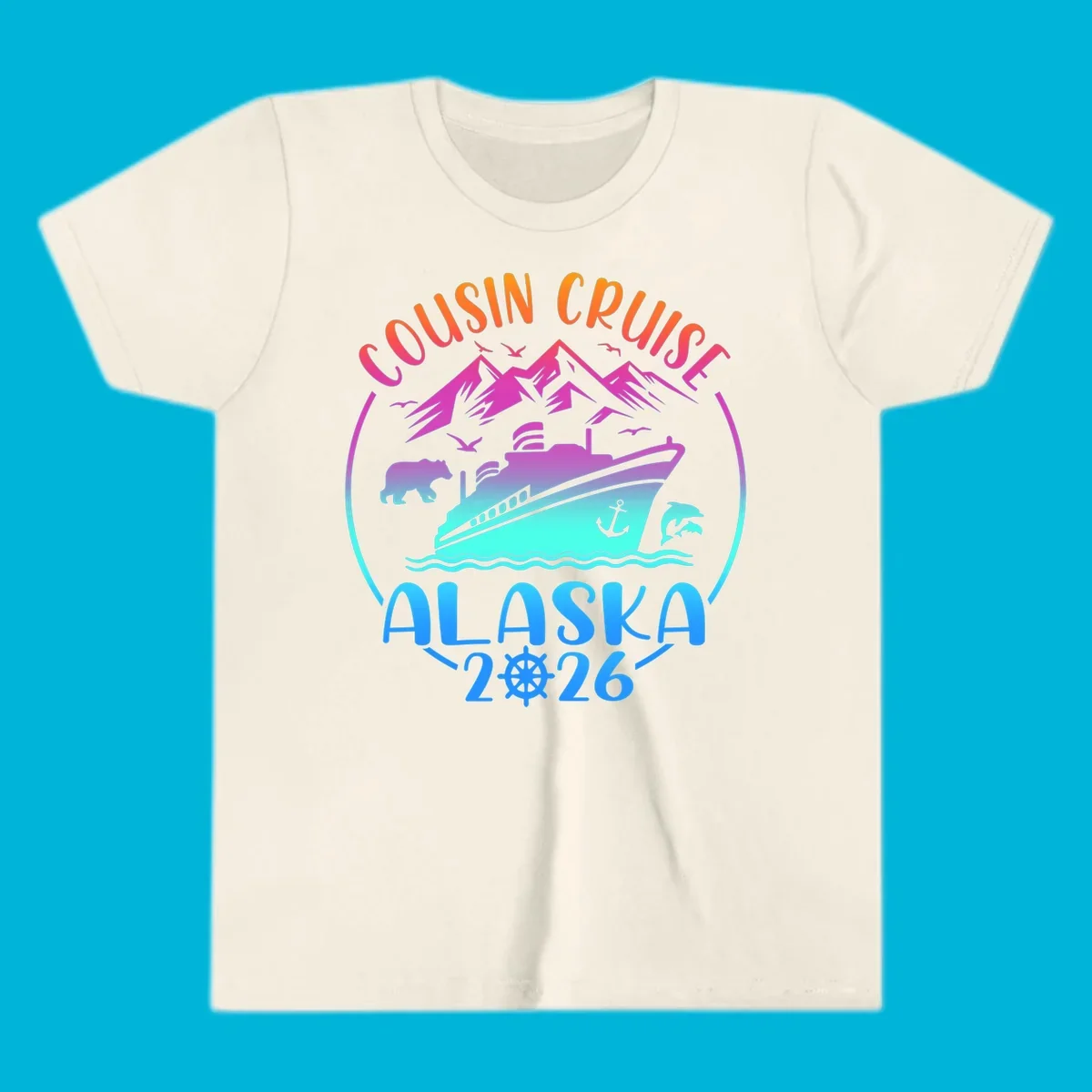 A vibrant gradient illustration for a cousin cruise to Alaska in 2026, featuring a ship, mountains, bear, and dolphins.