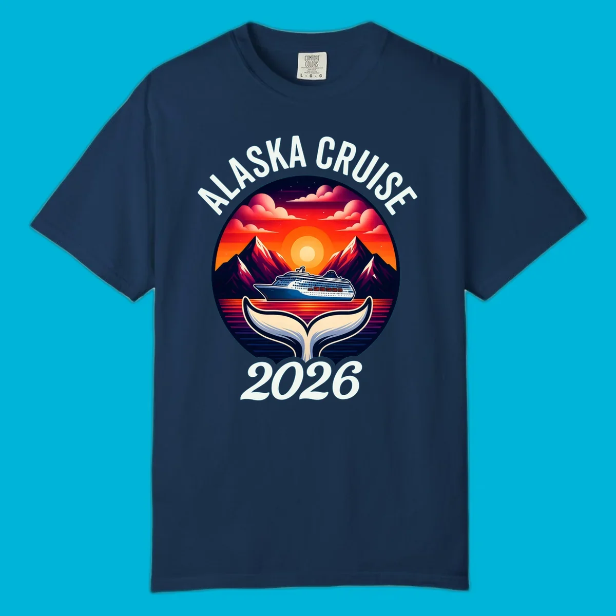 An illustration for an Alaska cruise with a ship, mountains, sunset, and whale tail in a circle, text "ALASKA CRUISE 2026".