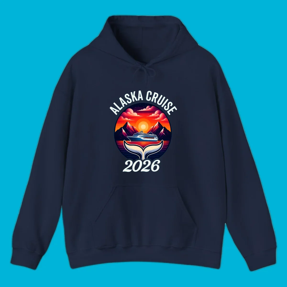 An illustration for an Alaska cruise with a ship, mountains, sunset, and whale tail in a circle, text "ALASKA CRUISE 2026".