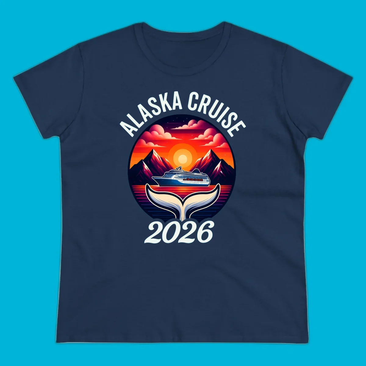 An illustration for an Alaska cruise with a ship, mountains, sunset, and whale tail in a circle, text "ALASKA CRUISE 2026".