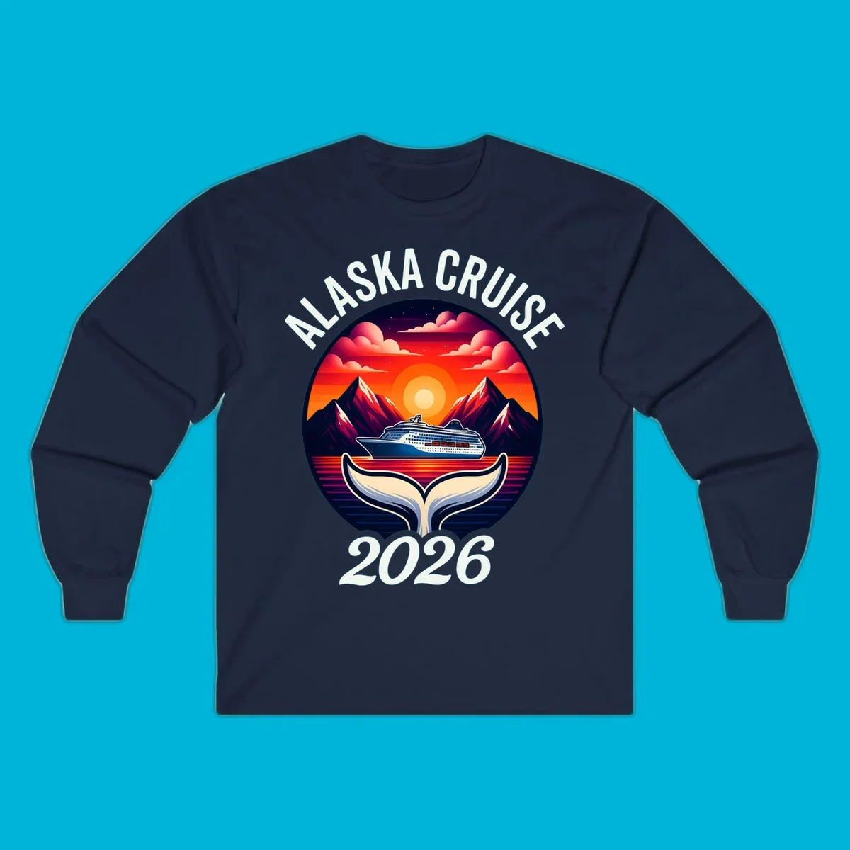 An illustration for an Alaska cruise with a ship, mountains, sunset, and whale tail in a circle, text "ALASKA CRUISE 2026".