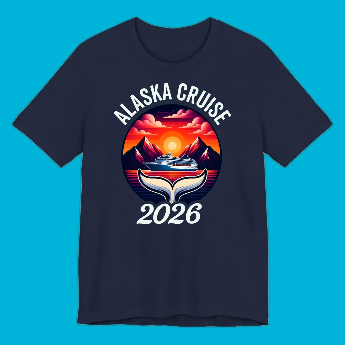An illustration for an Alaska cruise with a ship, mountains, sunset, and whale tail in a circle, text "ALASKA CRUISE 2026".