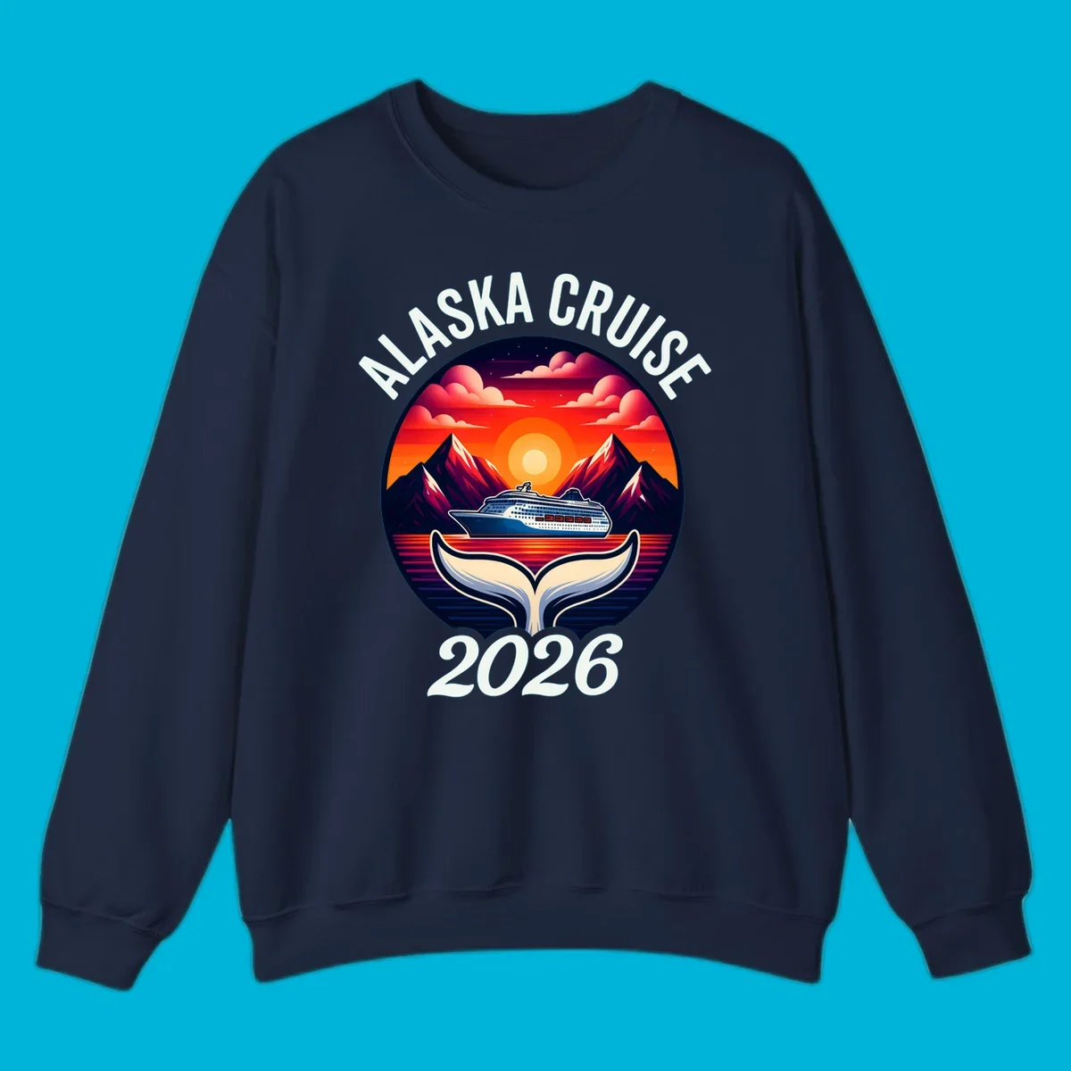An illustration for an Alaska cruise with a ship, mountains, sunset, and whale tail in a circle, text "ALASKA CRUISE 2026".