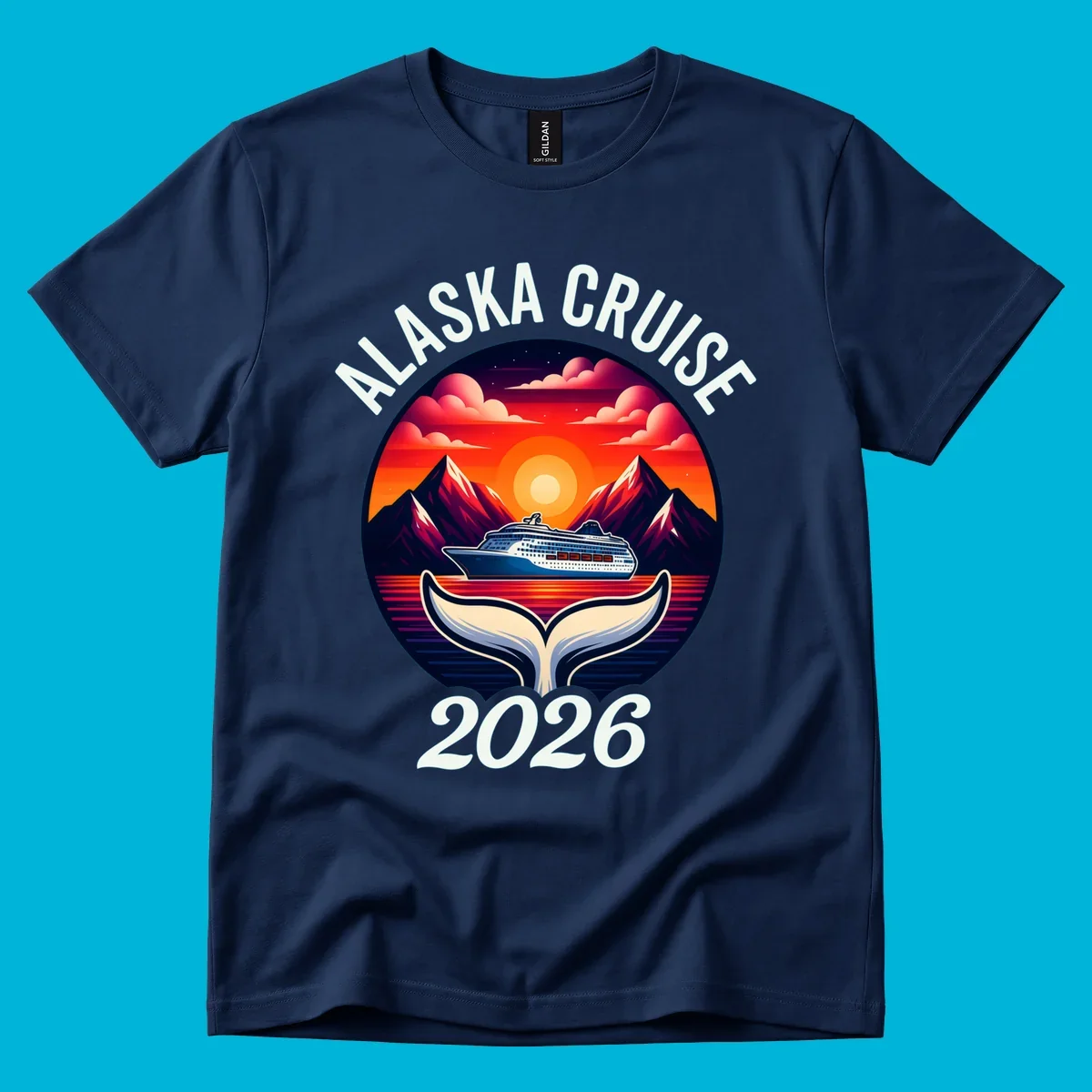 An illustration for an Alaska cruise with a ship, mountains, sunset, and whale tail in a circle, text "ALASKA CRUISE 2026".