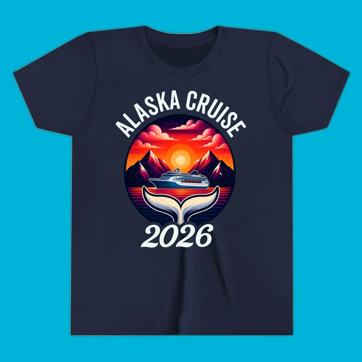 An illustration for an Alaska cruise with a ship, mountains, sunset, and whale tail in a circle, text "ALASKA CRUISE 2026".