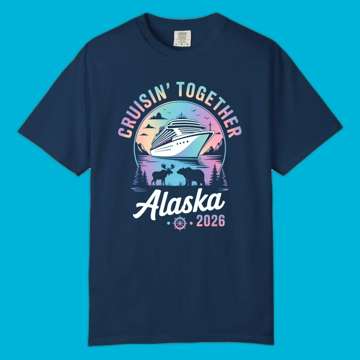 A scenic circular design for Cruisin Together Alaska 2026, showing a cruise ship, mountains, moose, and bear.