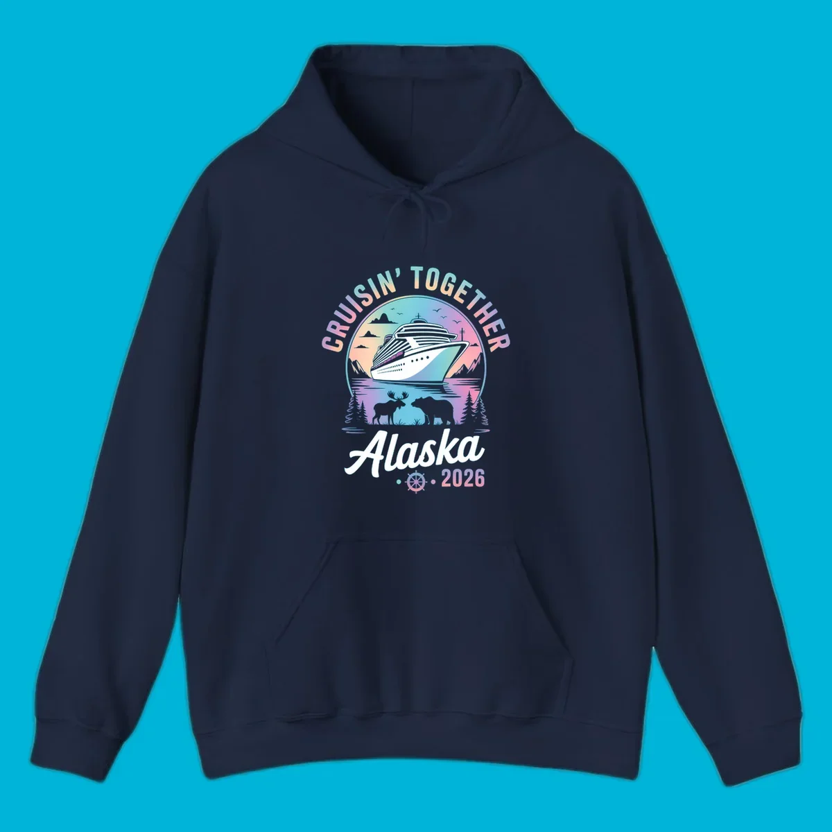 A scenic circular design for Cruisin Together Alaska 2026, showing a cruise ship, mountains, moose, and bear.