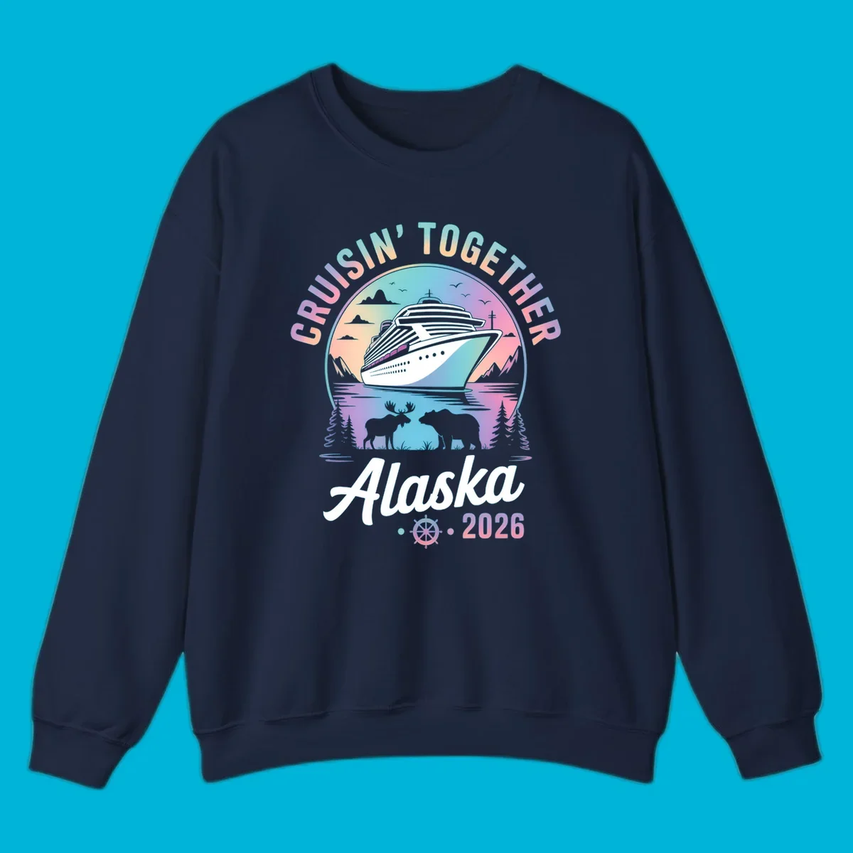 A scenic circular design for Cruisin Together Alaska 2026, showing a cruise ship, mountains, moose, and bear.