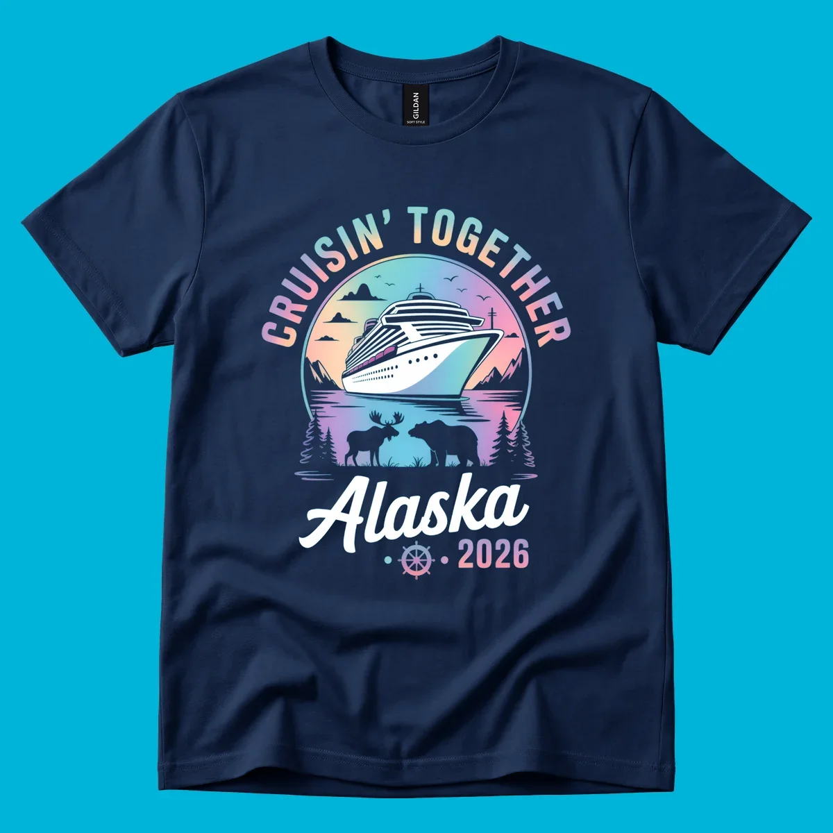 A scenic circular design for Cruisin Together Alaska 2026, showing a cruise ship, mountains, moose, and bear.
