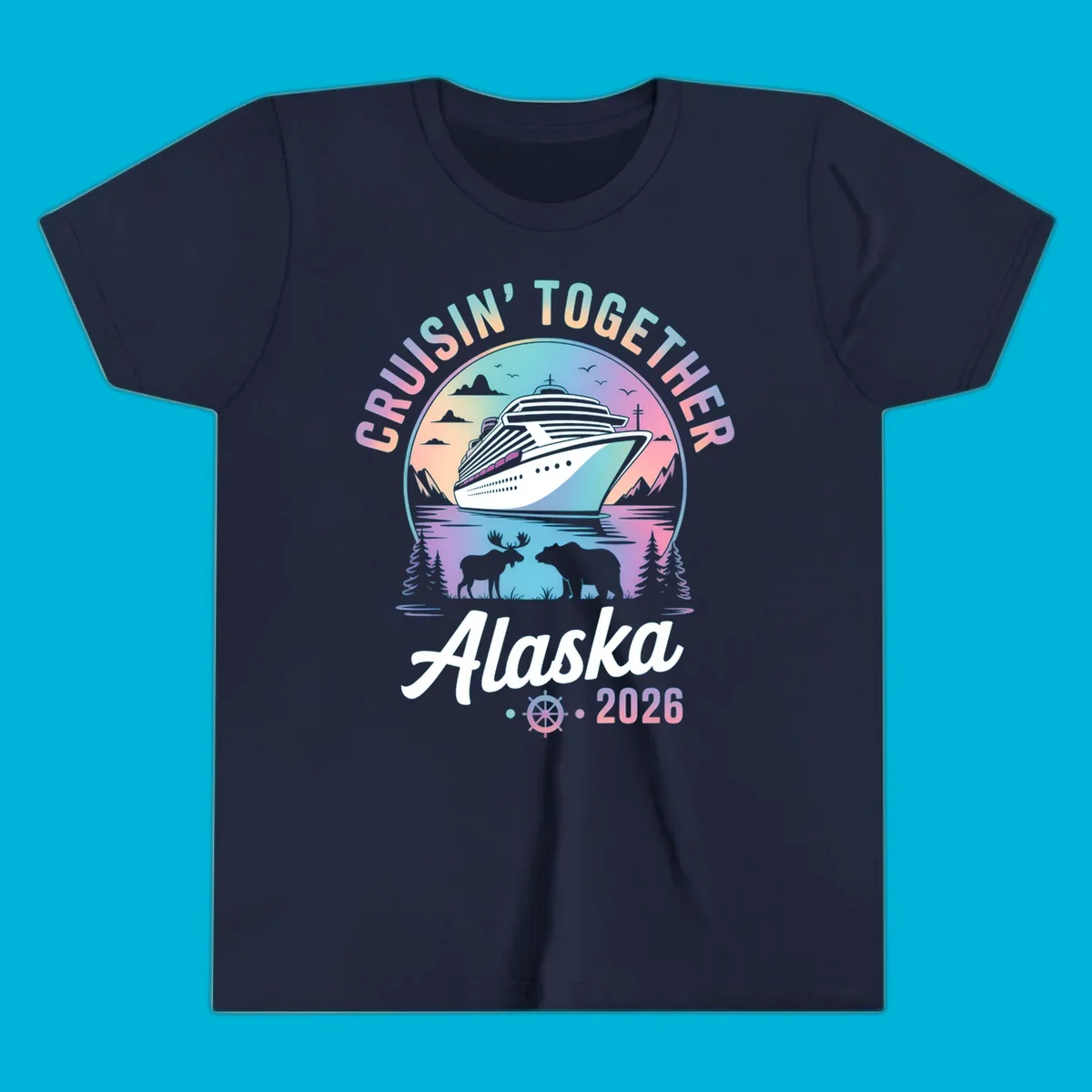 A scenic circular design for Cruisin Together Alaska 2026, showing a cruise ship, mountains, moose, and bear.