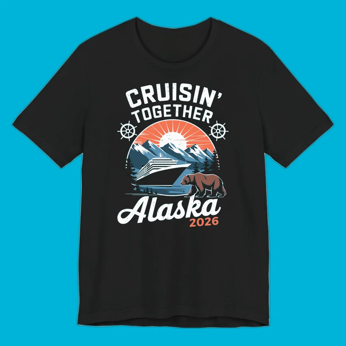 Vintage style illustration for Cruisin' Together Alaska 2026, showing a cruise ship, mountains, sun, and a brown bear.