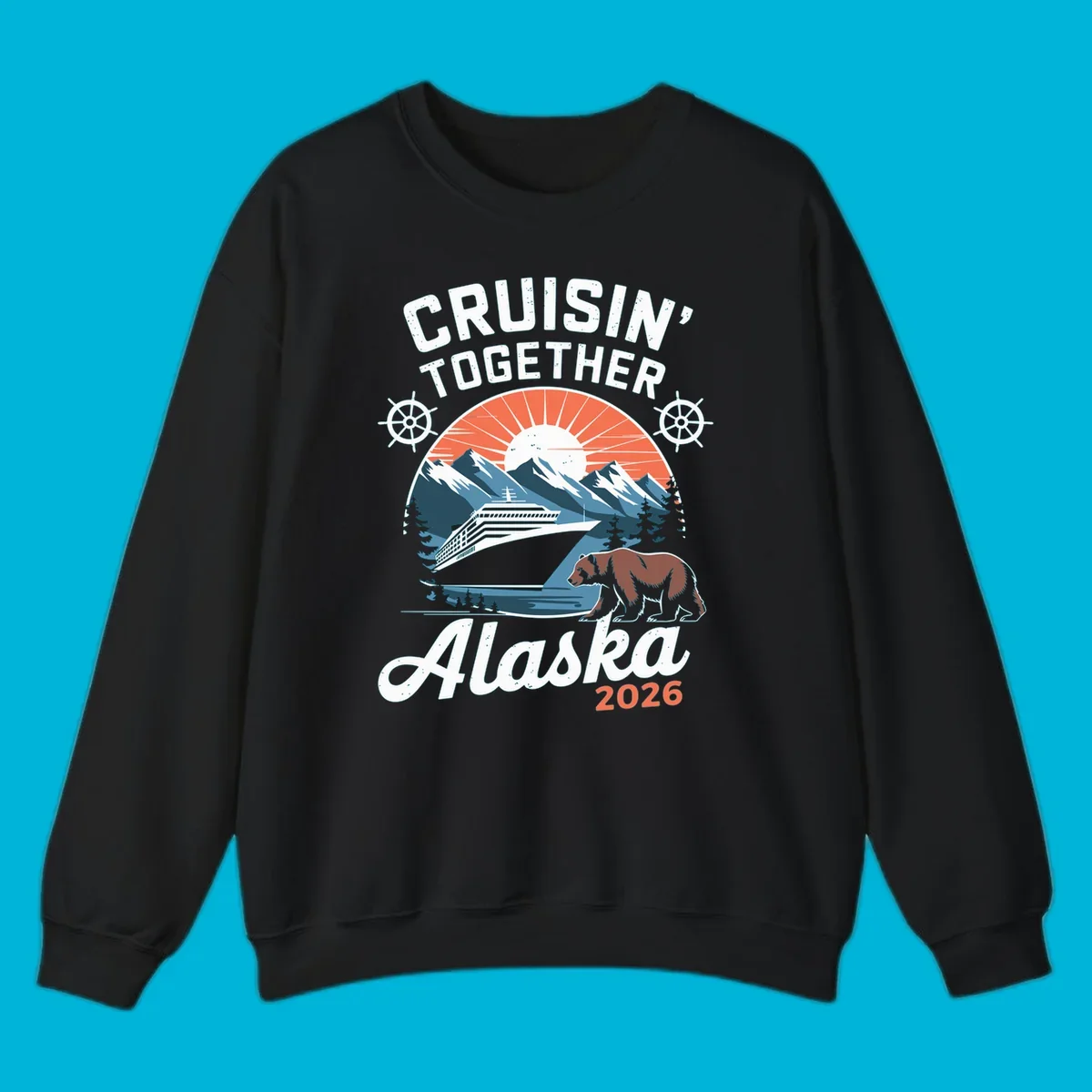 Vintage style illustration for Cruisin' Together Alaska 2026, showing a cruise ship, mountains, sun, and a brown bear.