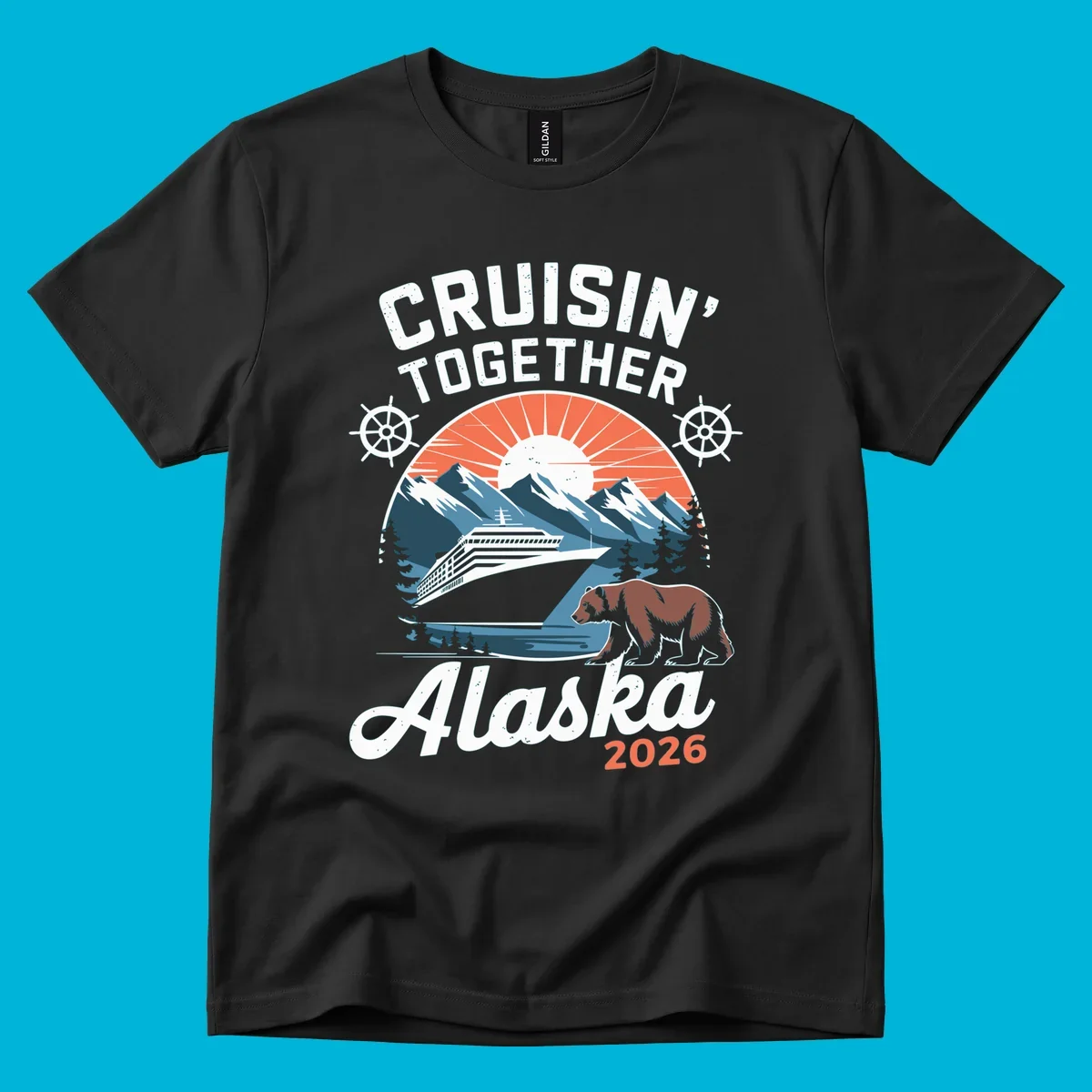 Vintage style illustration for Cruisin' Together Alaska 2026, showing a cruise ship, mountains, sun, and a brown bear.