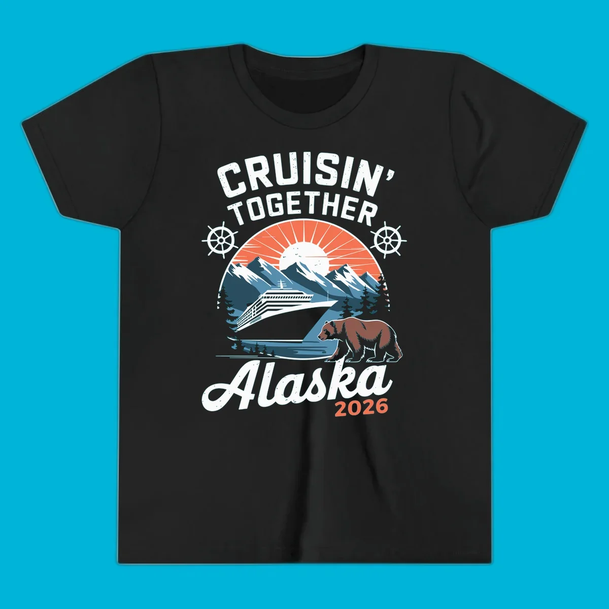 Vintage style illustration for Cruisin' Together Alaska 2026, showing a cruise ship, mountains, sun, and a brown bear.