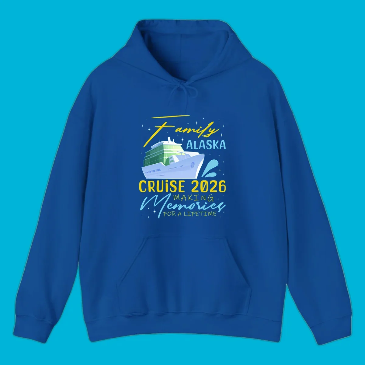 An illustration of a cruise ship with text 'Family Alaska Cruise 2026 Making Memories For A Lifetime' on a starry background.