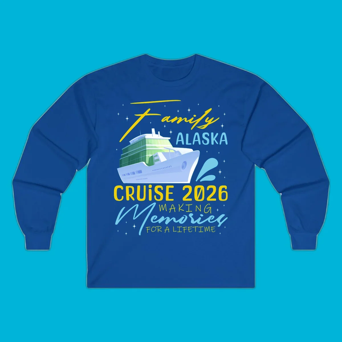 An illustration of a cruise ship with text 'Family Alaska Cruise 2026 Making Memories For A Lifetime' on a starry background.