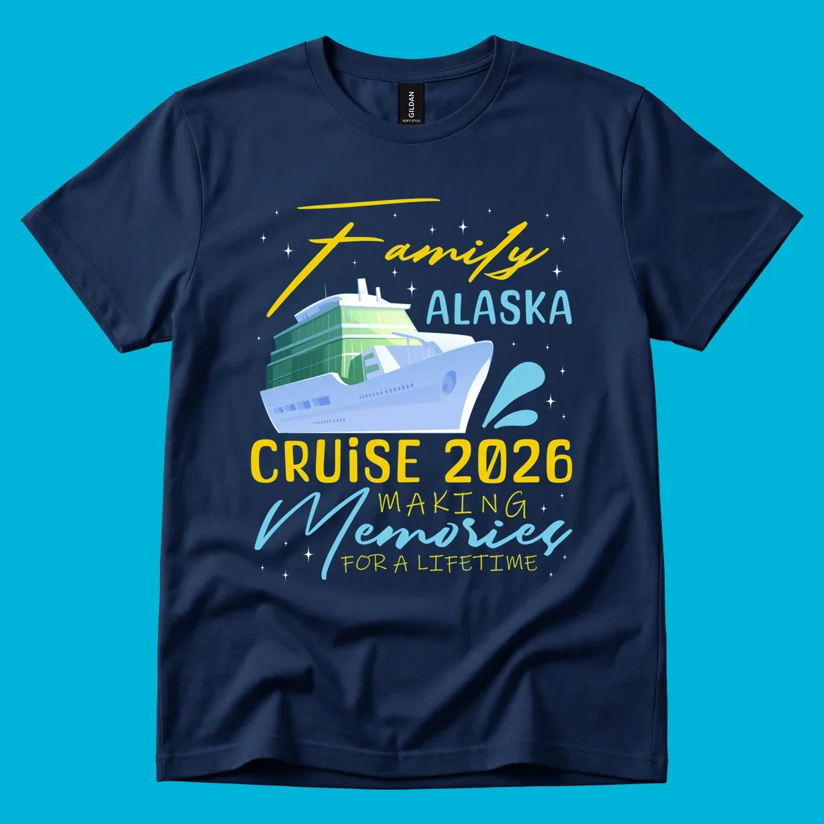 An illustration of a cruise ship with text 'Family Alaska Cruise 2026 Making Memories For A Lifetime' on a starry background.