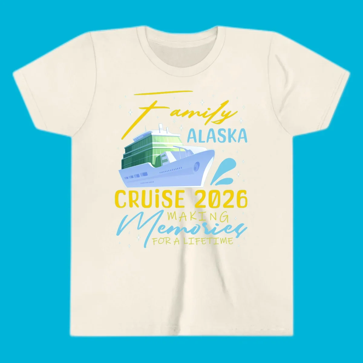 An illustration of a cruise ship with text 'Family Alaska Cruise 2026 Making Memories For A Lifetime' on a starry background.