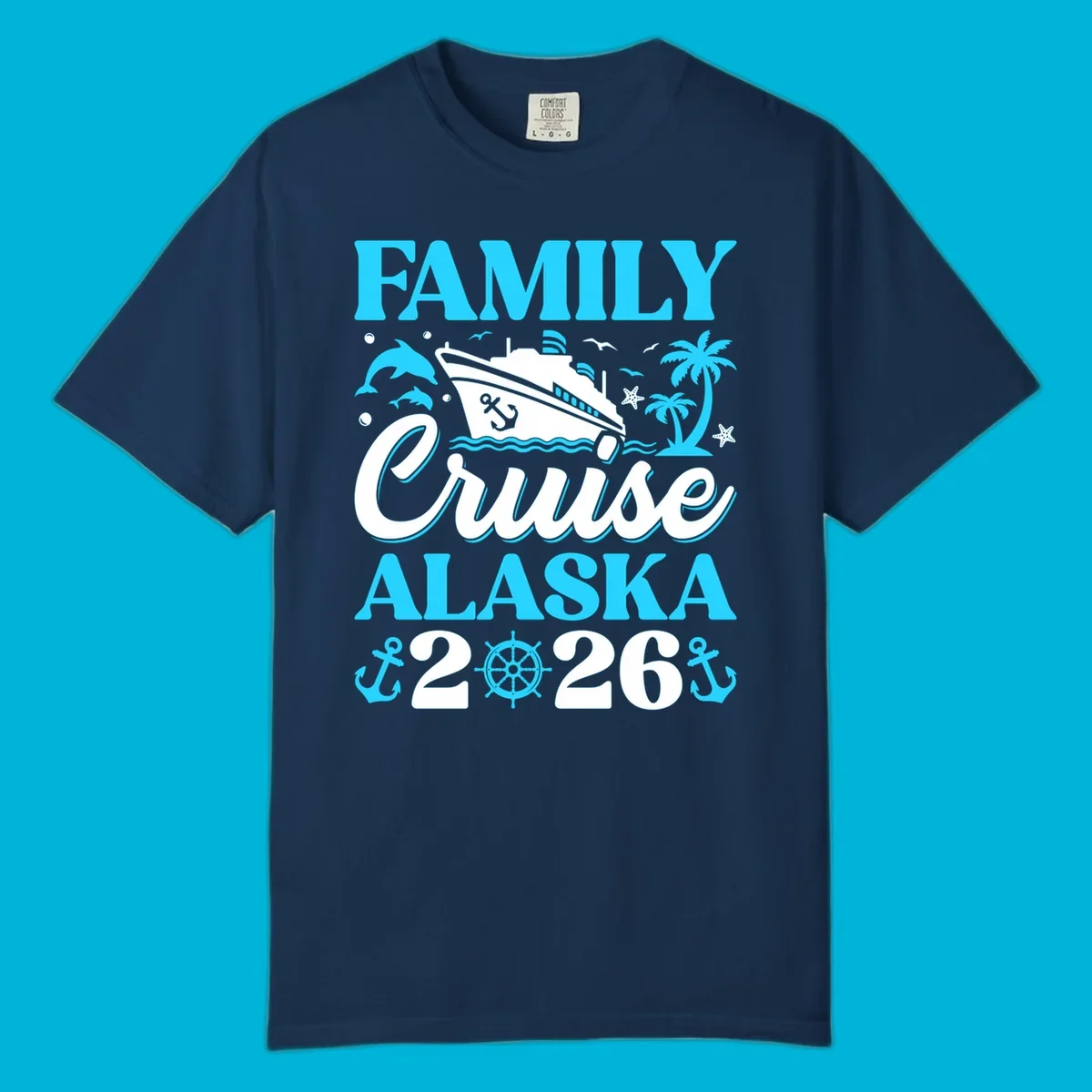 Illustrated design for a family Alaska cruise 2026 featuring a cruise ship, dolphins, anchors, and palm trees.