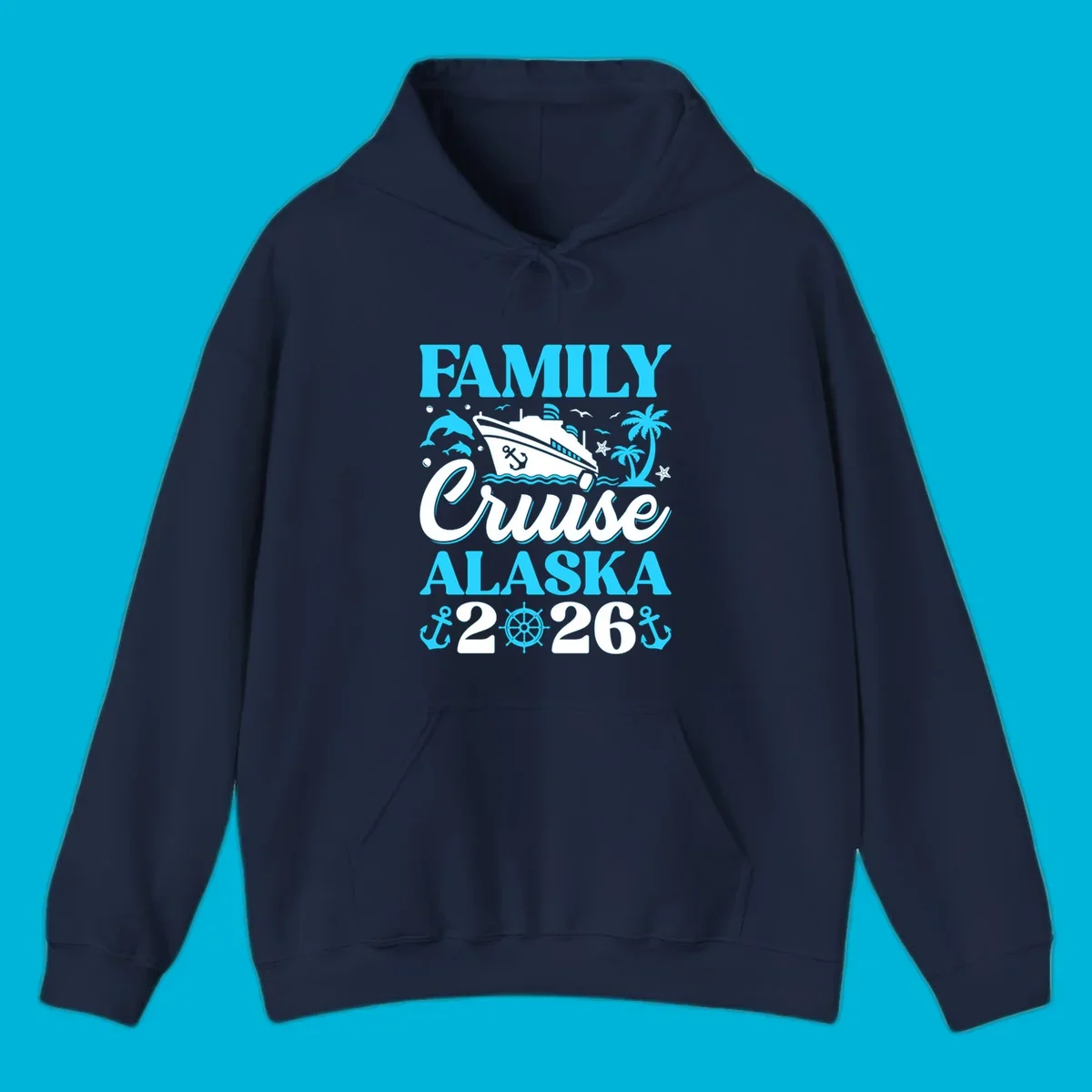 Illustrated design for a family Alaska cruise 2026 featuring a cruise ship, dolphins, anchors, and palm trees.