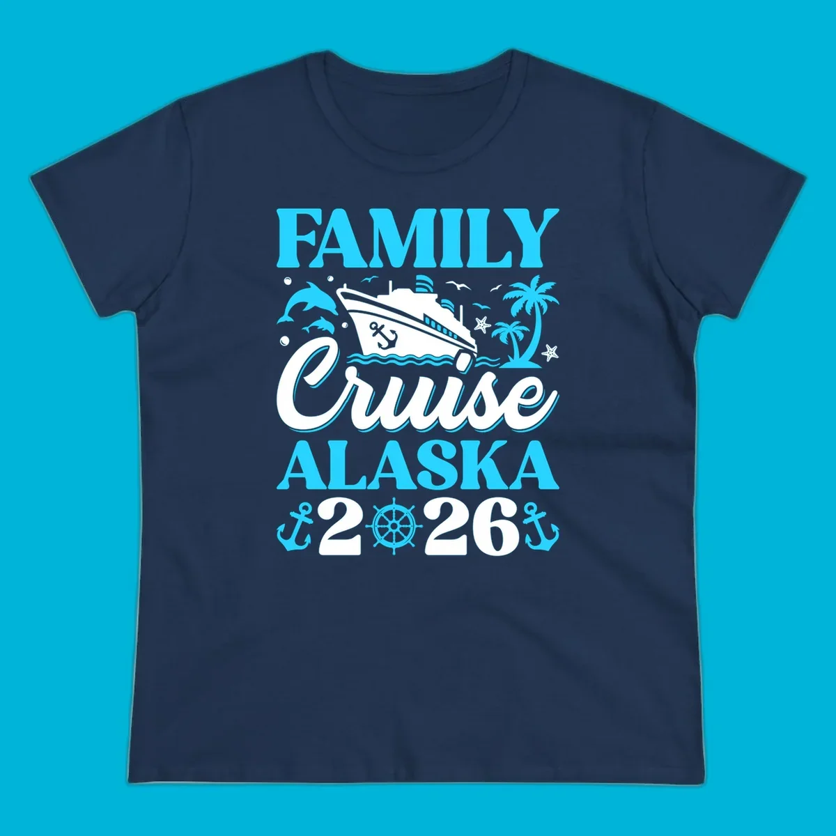 Illustrated design for a family Alaska cruise 2026 featuring a cruise ship, dolphins, anchors, and palm trees.