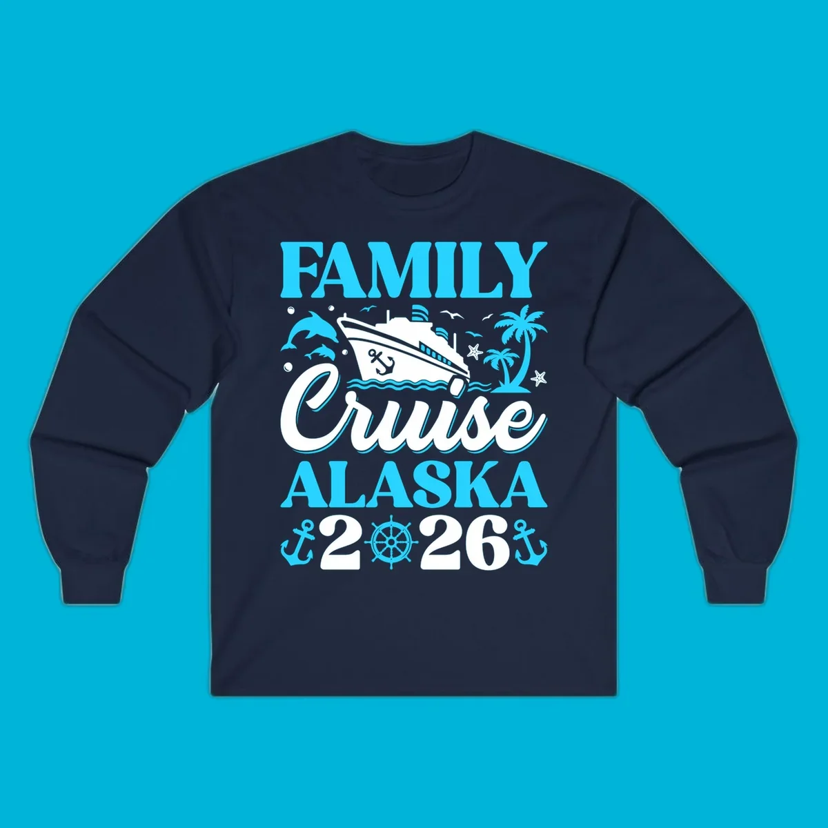 Illustrated design for a family Alaska cruise 2026 featuring a cruise ship, dolphins, anchors, and palm trees.