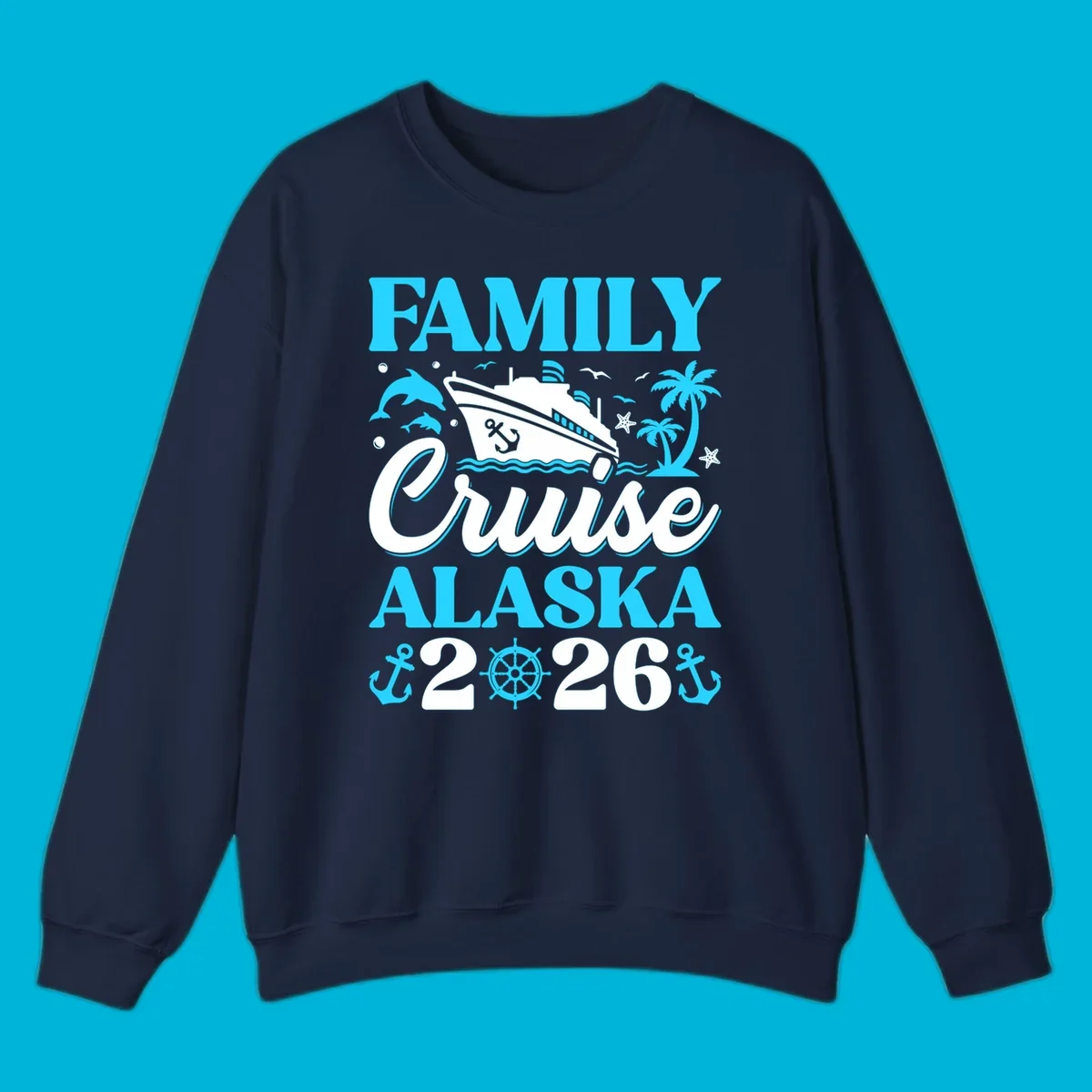 Illustrated design for a family Alaska cruise 2026 featuring a cruise ship, dolphins, anchors, and palm trees.