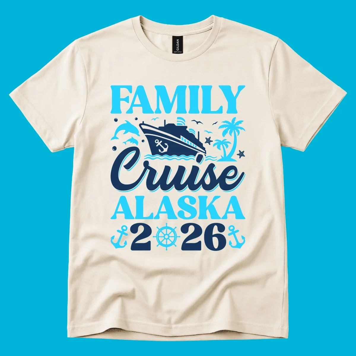 Illustrated design for a family Alaska cruise 2026 featuring a cruise ship, dolphins, anchors, and palm trees.