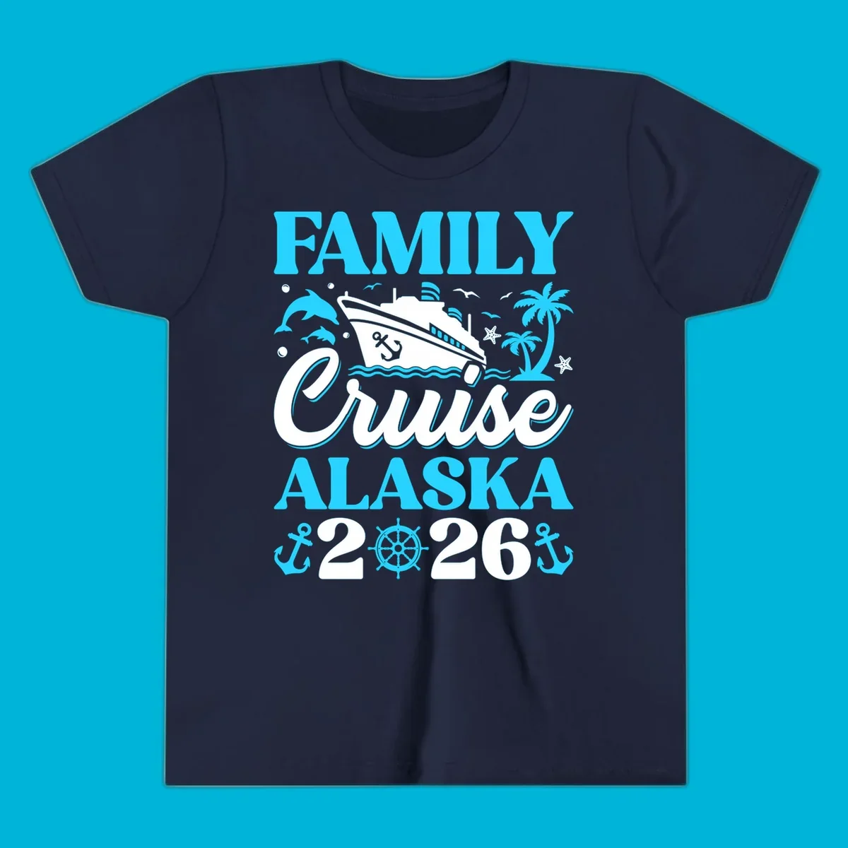 Illustrated design for a family Alaska cruise 2026 featuring a cruise ship, dolphins, anchors, and palm trees.