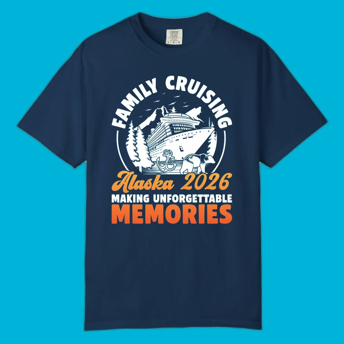 Illustrated family Alaska cruise 2026 design with a ship, mountains, evergreen trees, an anchor, and a bear.