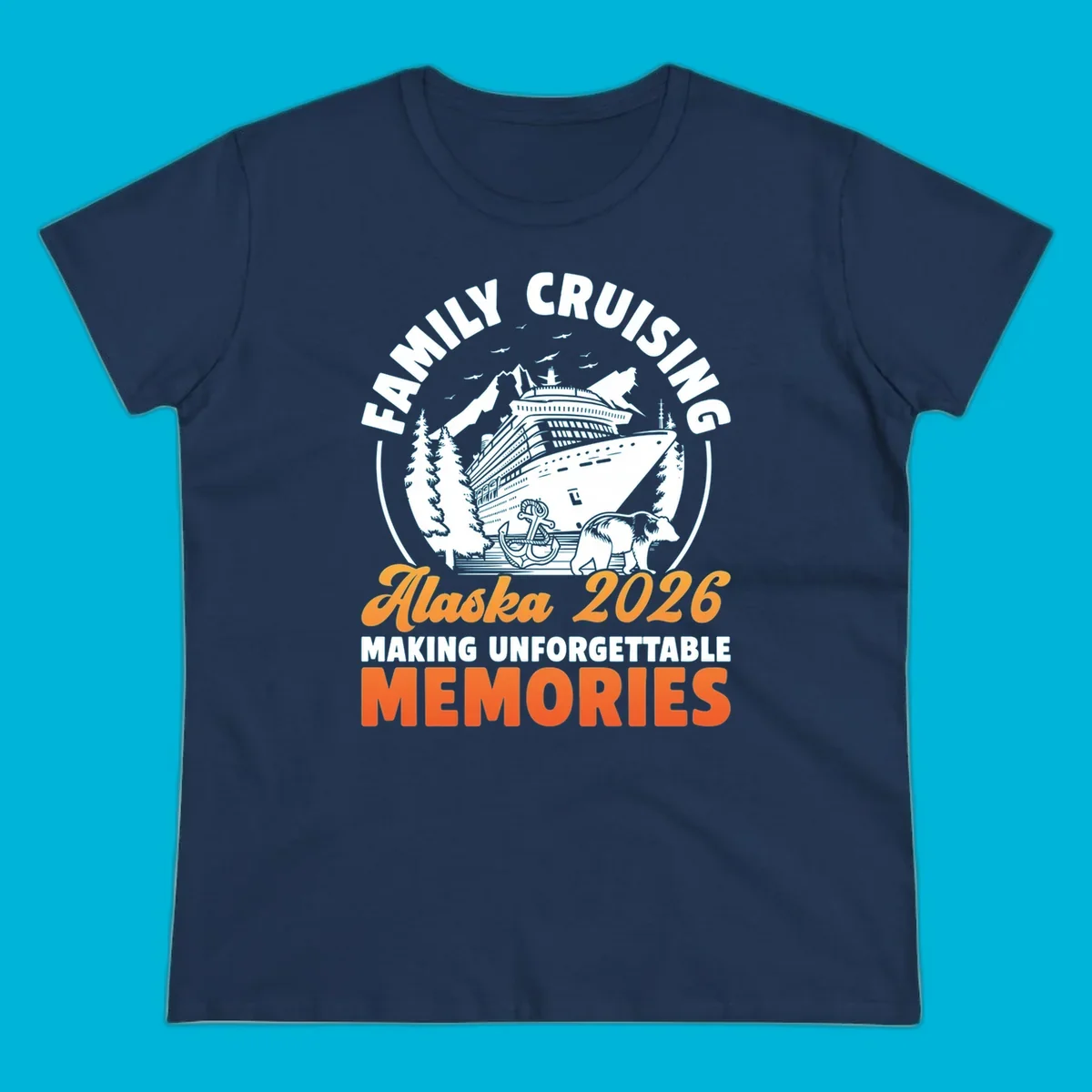 Illustrated family Alaska cruise 2026 design with a ship, mountains, evergreen trees, an anchor, and a bear.