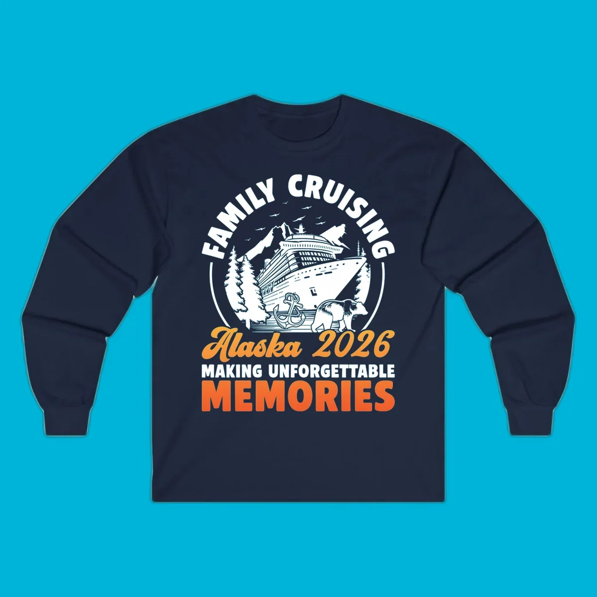 Illustrated family Alaska cruise 2026 design with a ship, mountains, evergreen trees, an anchor, and a bear.