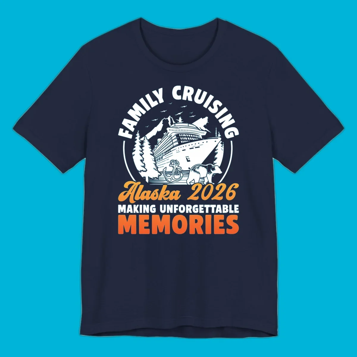 Illustrated family Alaska cruise 2026 design with a ship, mountains, evergreen trees, an anchor, and a bear.