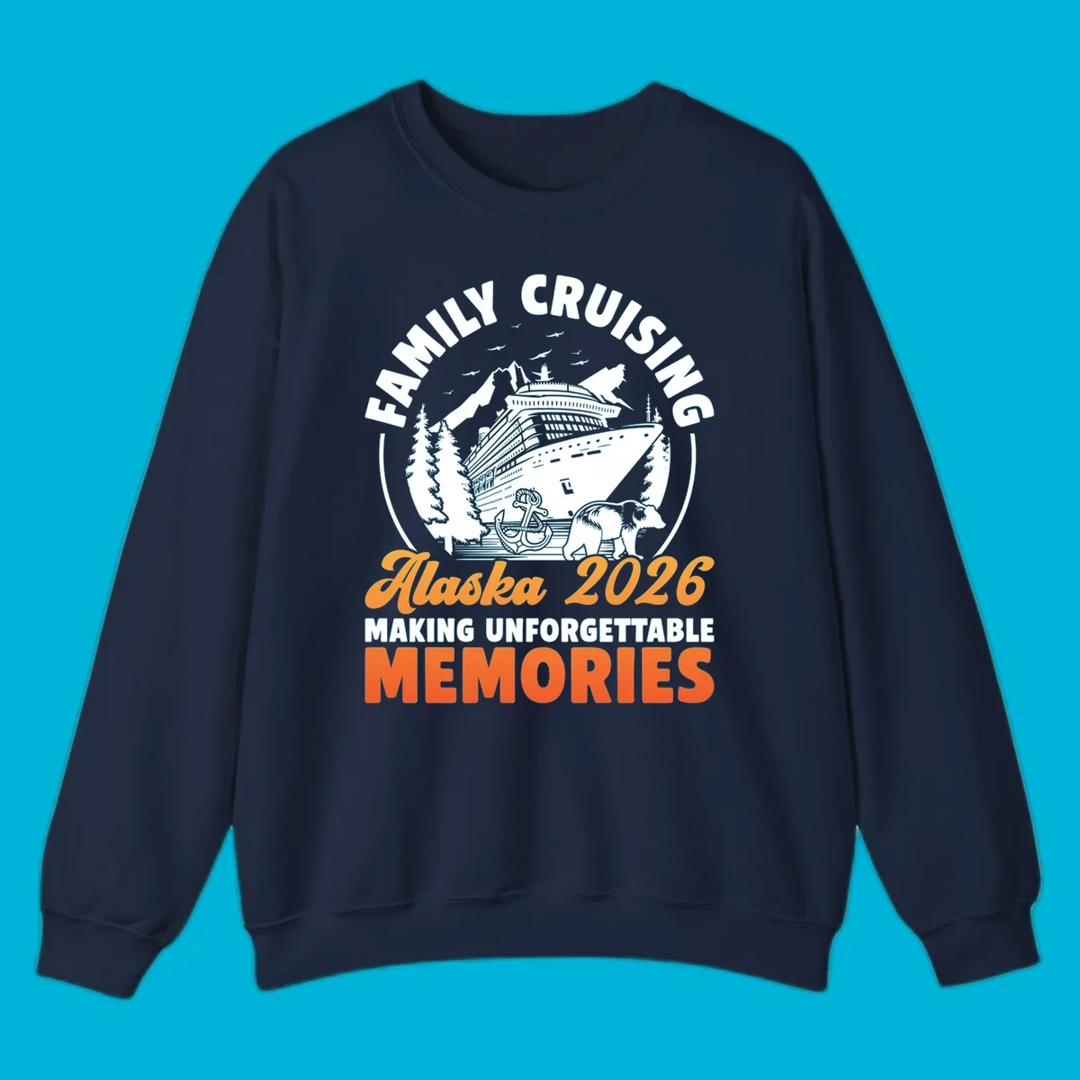 Illustrated family Alaska cruise 2026 design with a ship, mountains, evergreen trees, an anchor, and a bear.