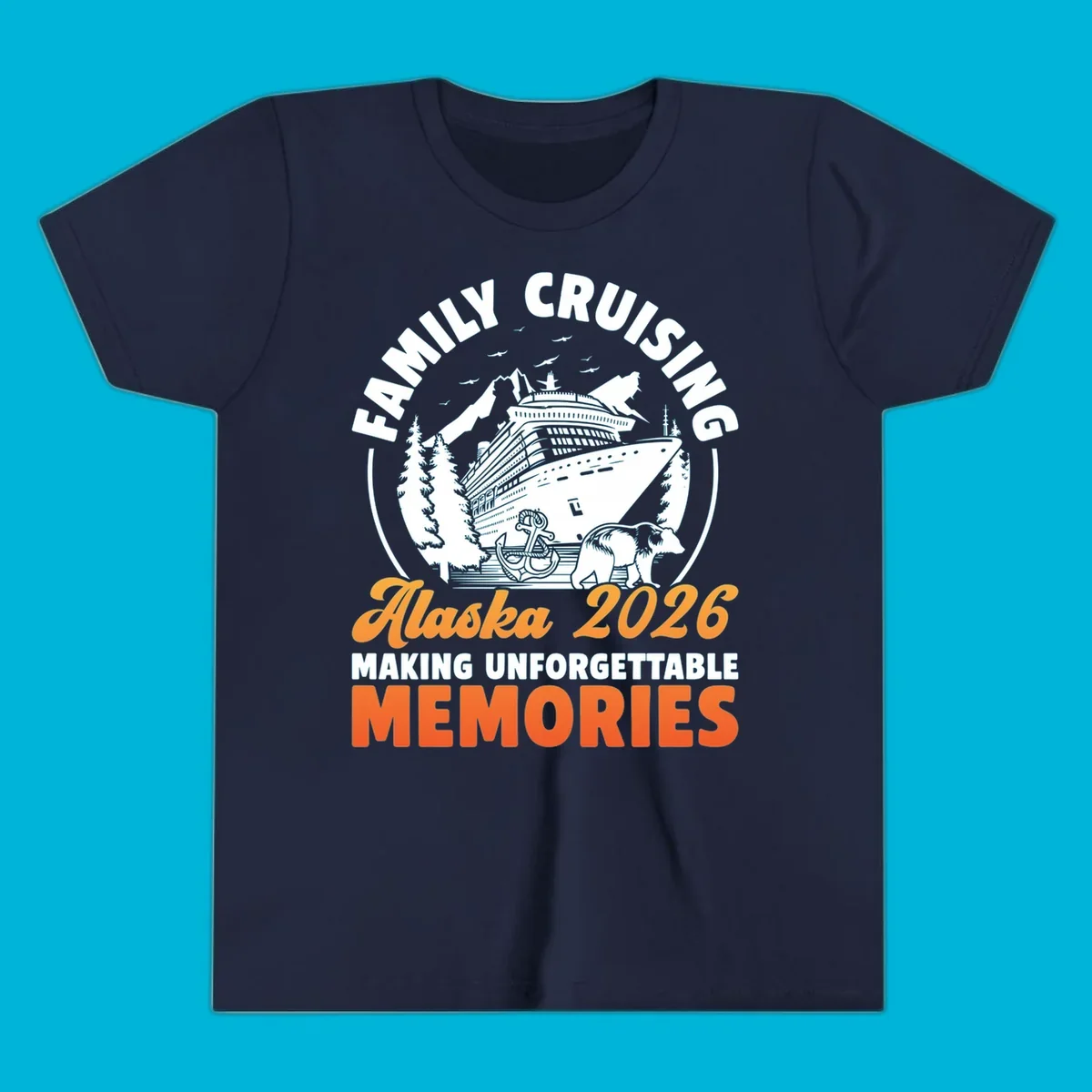 Illustrated family Alaska cruise 2026 design with a ship, mountains, evergreen trees, an anchor, and a bear.