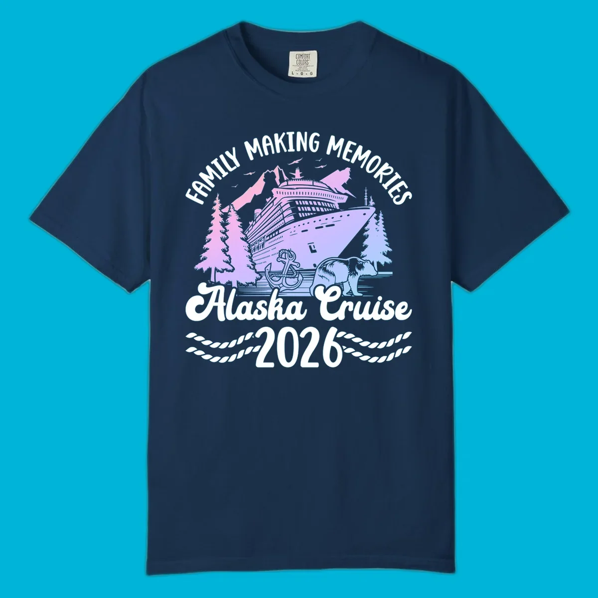 Scenic design for a family Alaska cruise 2026, featuring a ship, mountains, trees, bear, and an anchor.