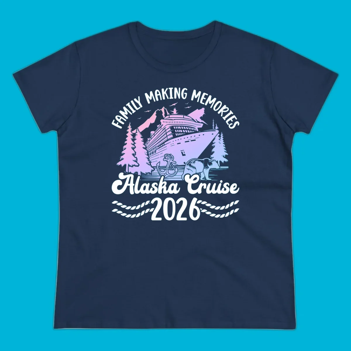 Scenic design for a family Alaska cruise 2026, featuring a ship, mountains, trees, bear, and an anchor.