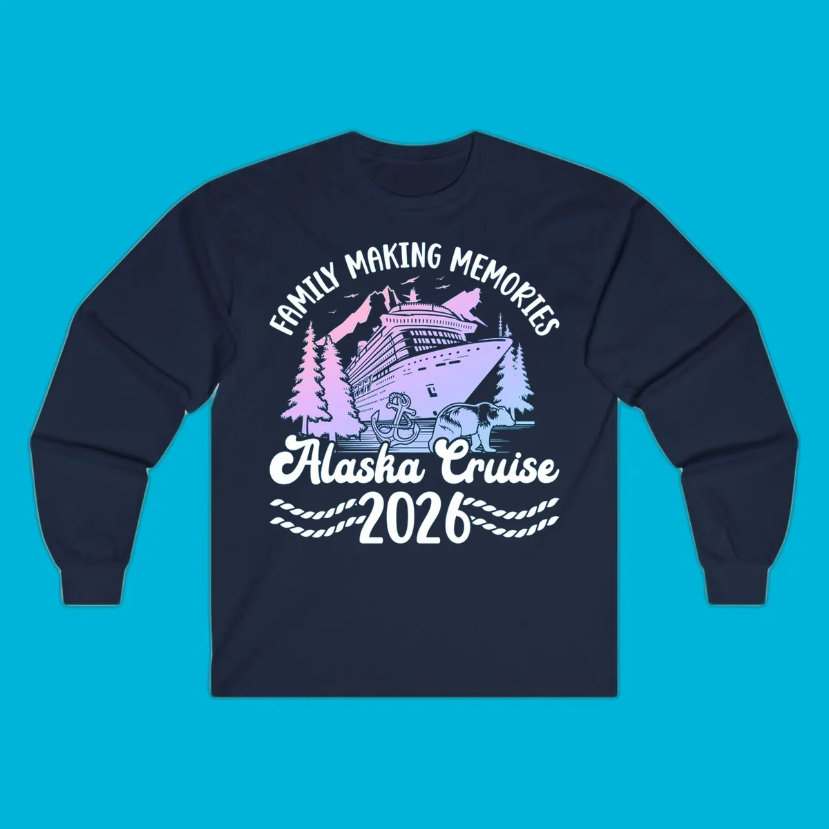 Scenic design for a family Alaska cruise 2026, featuring a ship, mountains, trees, bear, and an anchor.