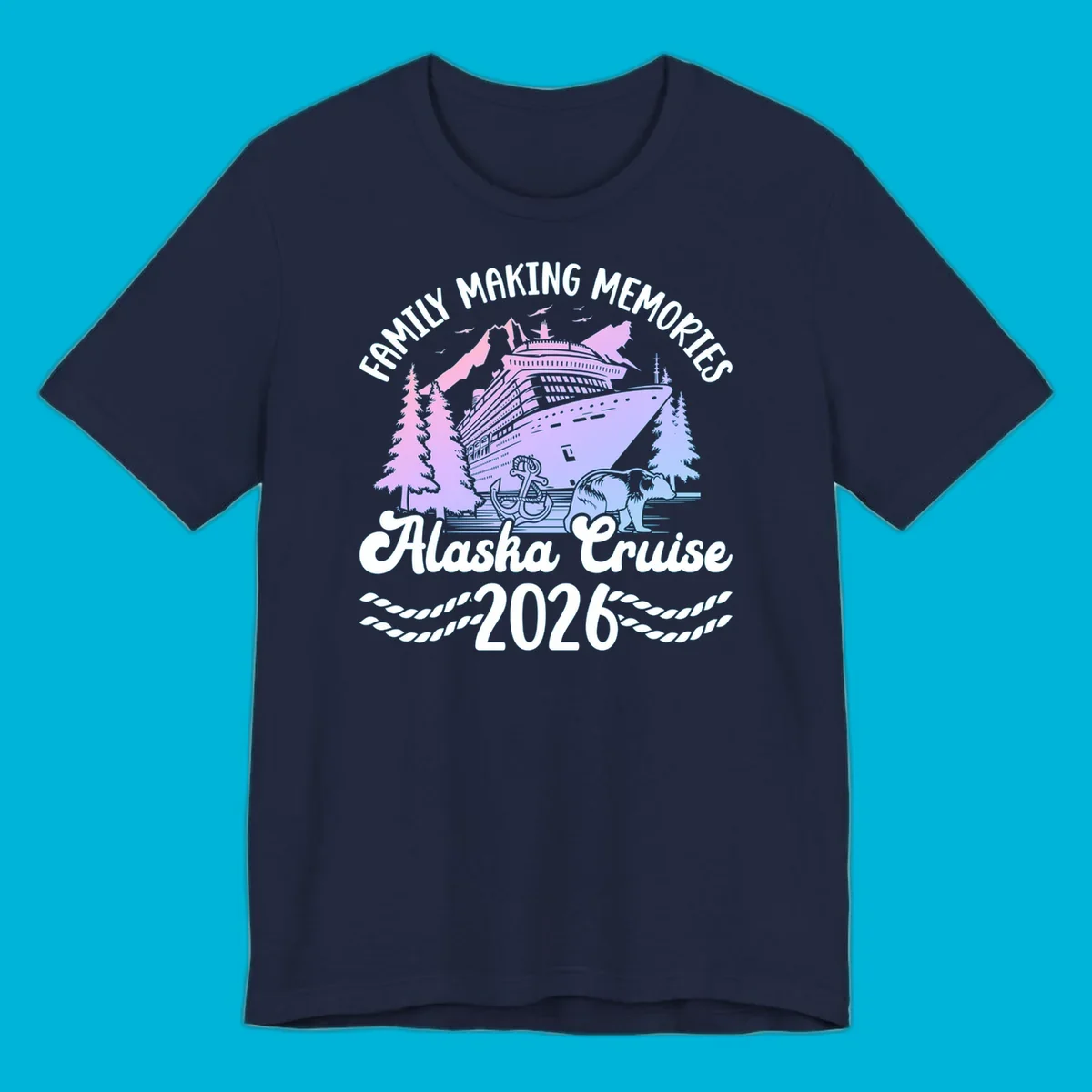 Scenic design for a family Alaska cruise 2026, featuring a ship, mountains, trees, bear, and an anchor.
