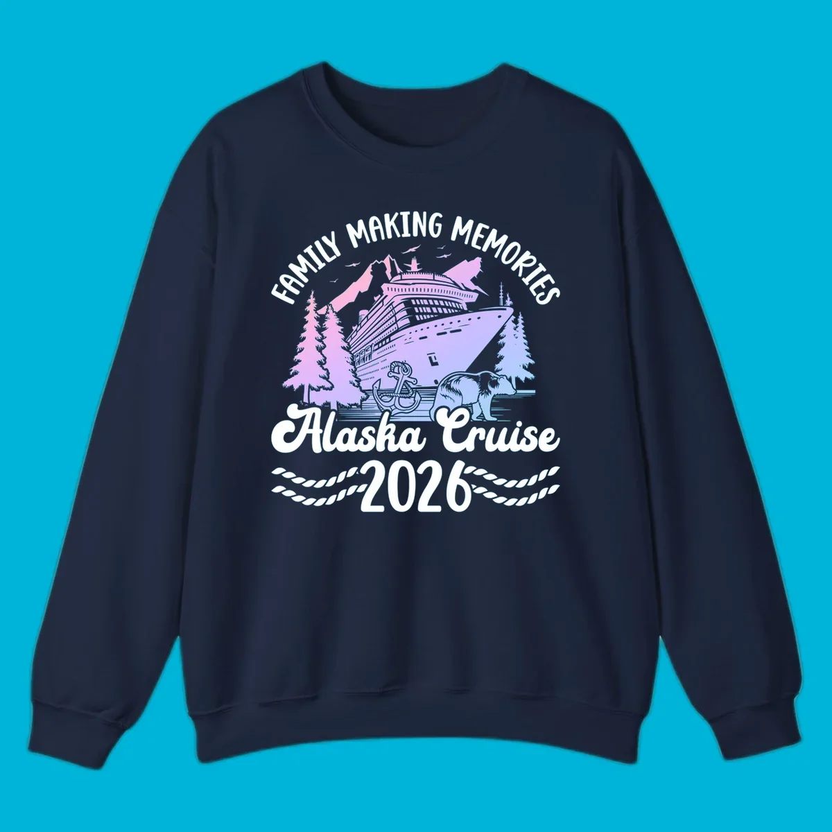 Scenic design for a family Alaska cruise 2026, featuring a ship, mountains, trees, bear, and an anchor.