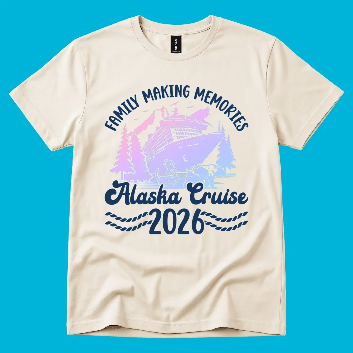 Scenic design for a family Alaska cruise 2026, featuring a ship, mountains, trees, bear, and an anchor.