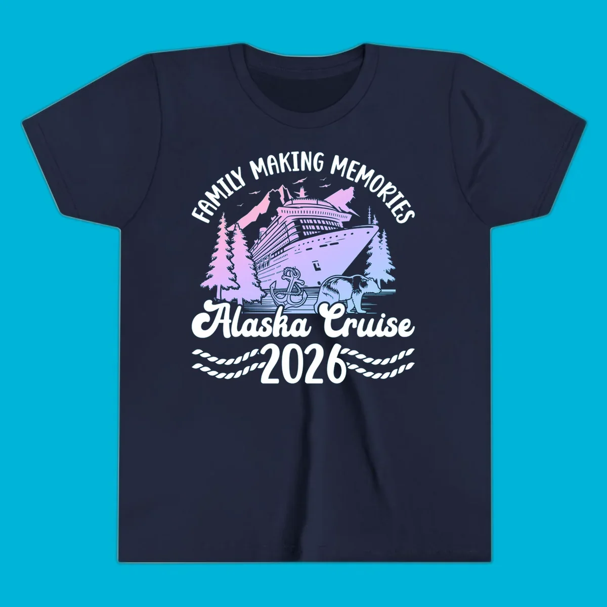 Scenic design for a family Alaska cruise 2026, featuring a ship, mountains, trees, bear, and an anchor.